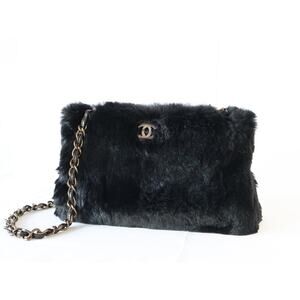 Chanel Rabbit Fur Bag CC Shoulder Chain Coco Mark Vintage Black Soft Rare Auth